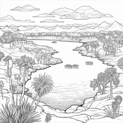 above view of all parts of the nile river and include the vegetation and physical features that surround it