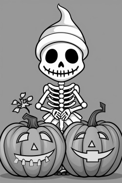 cute skeleton and a halloween pumpkin