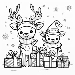 cozy christmas gifts  reindeers coloring book page no colors black and bold lines