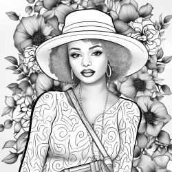 african american woman in fall clothes with pocketbook hat jewelry and makeup with floral background coloring page