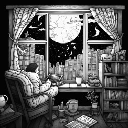 dibuja a un chico de 17 aos mirando ansiosamente a su laptop de fondo libros una ventana que muestra la noche