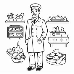 bw coloring book page line art solid white background featuring a doctor chef fire fighter waiter shop assistant teacher