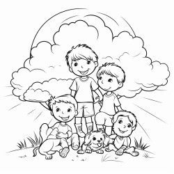 the sun is high in the sky four children are playing below by a tree next to them is a puppy