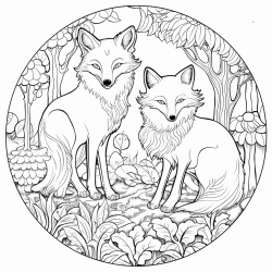 create a blackandwhite coloring page featuring foxes in a wooded area the foxes should have bold outlines with different poses like one resting and another exploring include simple tree and plant details to depict the forest but leave large areas for easy coloring