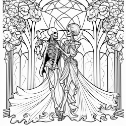 a dancing skeleton couple in gothic attire with flowing cloaks and a gothic ballroom in the background
