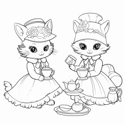 cat tea party wearing pretty dresses and sun bonnets