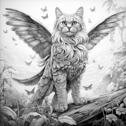 realistic large cat wellproportioned cat has wings the cat has no fur markings or stripes standing in a forest one paw raised slightly realistic detailed