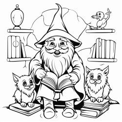 happy wizard in a room playing with cat and owl