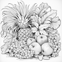 pineapple apples strawberry lying on the leaves