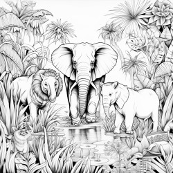 jungle theme with multiple lions and elephants