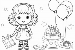 birthday postcard for small girl with cake toys balloons gifts