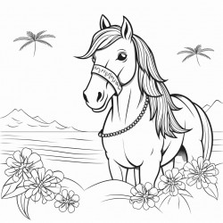 horse on beach with hawaiin leis