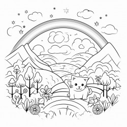 paisaje primveral con gatos y arcoiris