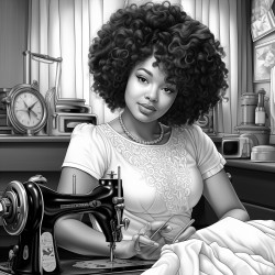 a african american woman with a afro sewing with a sewing machine