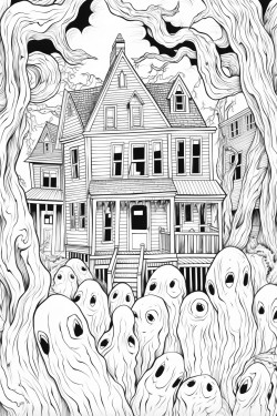 friendly ghosts behind them is an old house