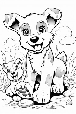 happy puppy surrounded by paw prints