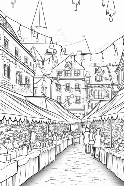 a bustling christmas market filled with stalls selling festive goods lights twinkling overhead and people enjoying the holiday spirit