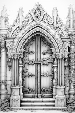 gothic style door with intricate patterns in the wood wrought iron bars and an eclectic door knocker coloring page