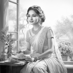 a bengali girl wearing saree sitting on chair drinking tea and table infront of her