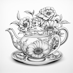 tea cups and saucers tea pot with floral design on tea bag