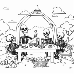 image with black lines on a white background illustrating skeletons enjoying a picnic in a graveyard for coloring in large basic shapes coloring book style no solid fill large white space for easy coloring ideal for kids enhanced line clarity