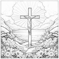 create an image of a solemn scene with a prominent cross in the center