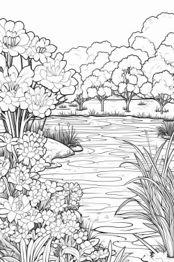 variety of flowers and blooming trees around a pond