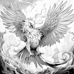 blackandwhite line art depicting a phoenix ascending from a base of abstract flames made of shattered shapes