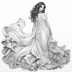 colouring pages beautiful whole body woman with a long flowing dress no shading not many lines large areas for colouring