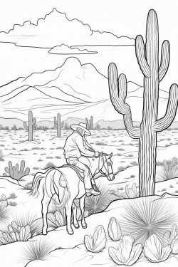 beautiful western landscape with a cowgirl riding a horse detailed cacti and mountains