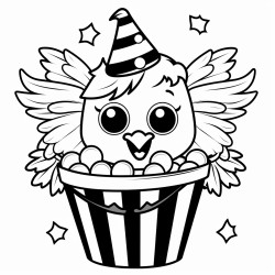 a halloween bucket in the shape of a chicken full of candy simple art style