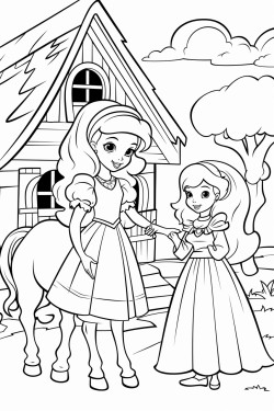 a cute princess standing in front of a barn with a cow and a horse