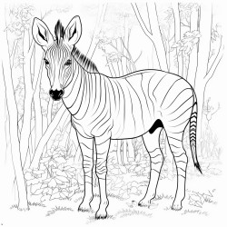 an okapi standing quietly among dense forest trees its zebralike legs clearly visible among the leaves