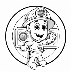 cartoon firefighter pushing alarm button on smoke detector