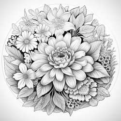 large floral mandala with garden behind it