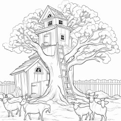 a large tree with roots showing barn and goats in the backgroun