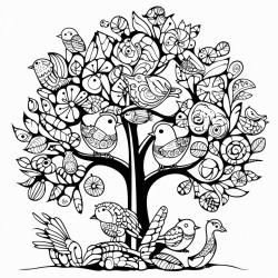 tribal turtles and chickens around a tree