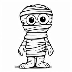 image with black lines on a white background illustrating a friendly mummy with bandages wrapped around its body for coloring in large coloring book style no solid fill ample white space for easy coloring ideal for kids coloring books enhanced line clarity