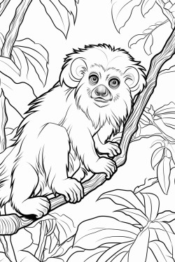 cottontop tamarin leaping between branches in a jungle with tall trees and hanging vines in the background