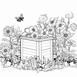 a vegetable and flower garden with different types of pollinators and a compost bin