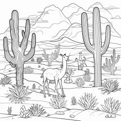a desert scene with camels and cacti