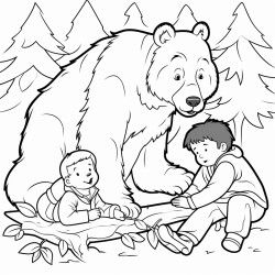 one boy is in a tree the other boy is lying on the ground and being sniffed by a bear