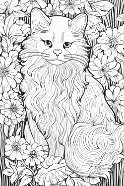 a grey furry old cat with grumpy green eyes its tail curled around itself the background is a huge full flower garden