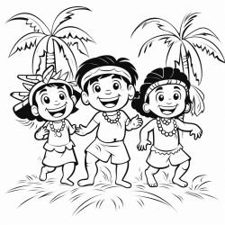 a group of three taino children are playing a game of tag one child has a big smile playfully chases after another the third child giggling climbs a nearby palm tree