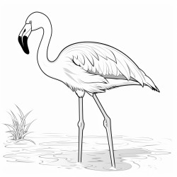 a flamingo standing in shallow water with its legs partially submerged