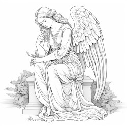 a somber angel with large dark wings kneeling at a gravestone