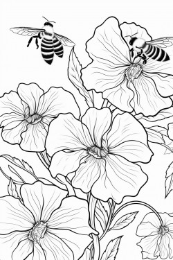 honey bees buzz among the petunia flowers