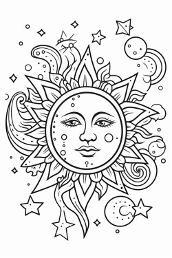 a cute celestial mandala  coloring bookvector white background black and white black drawing