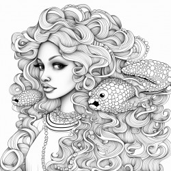 a coloring page of a curly haired mermaid girl with a pet octopus