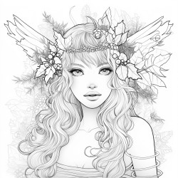 a fairy wearing a christmas dress and a wreath of mistletoes on her head